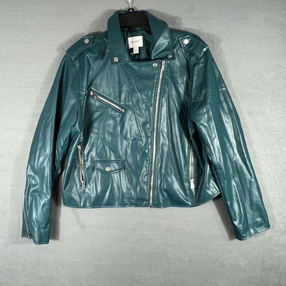 Nine West Women's Teal Faux‎ Leather Moto Biker Jacket Full Zip XXL